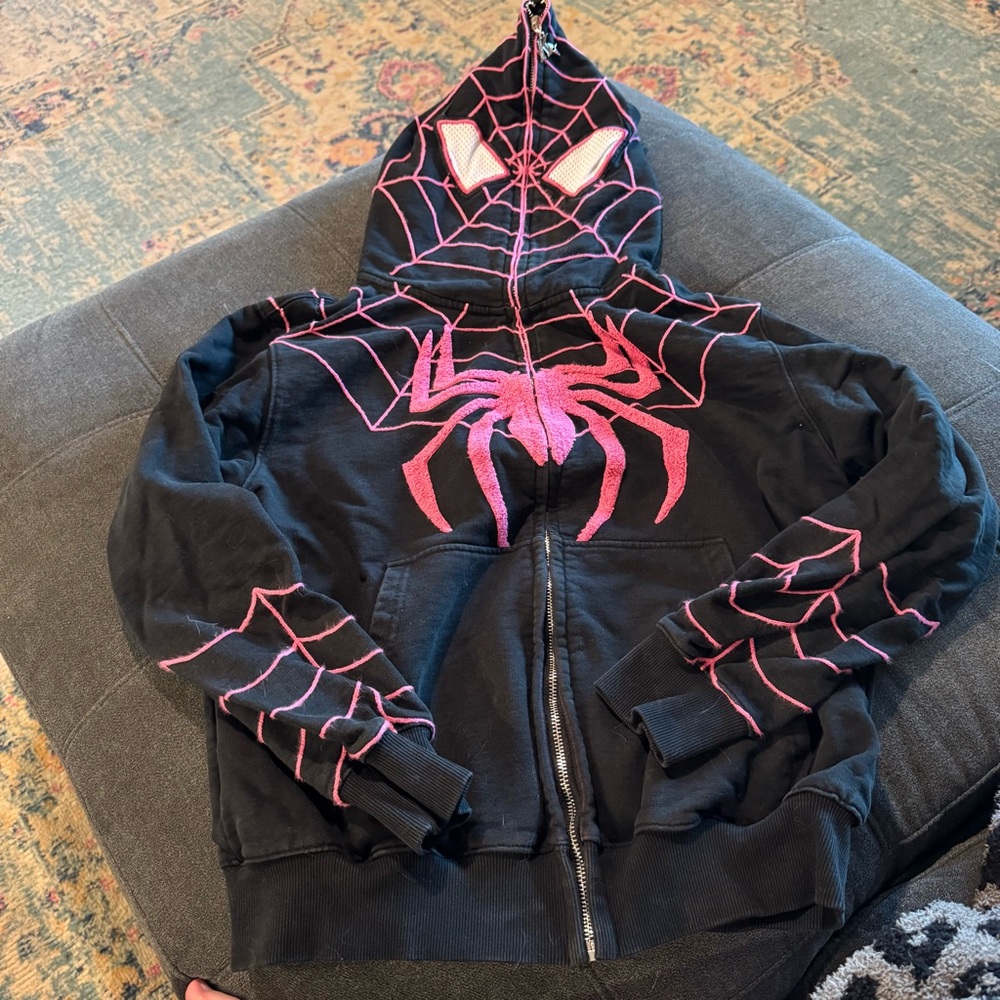 KAKAZZY Spider Man Inspired Black Pink Zip-Up Hoodie Sweatshirt Mask Size Small